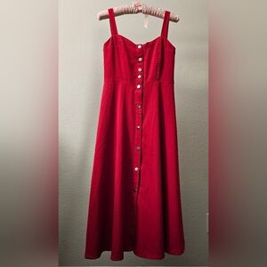 Red Snap Button Midi Dress Fit and Flare with A-Line Skirt